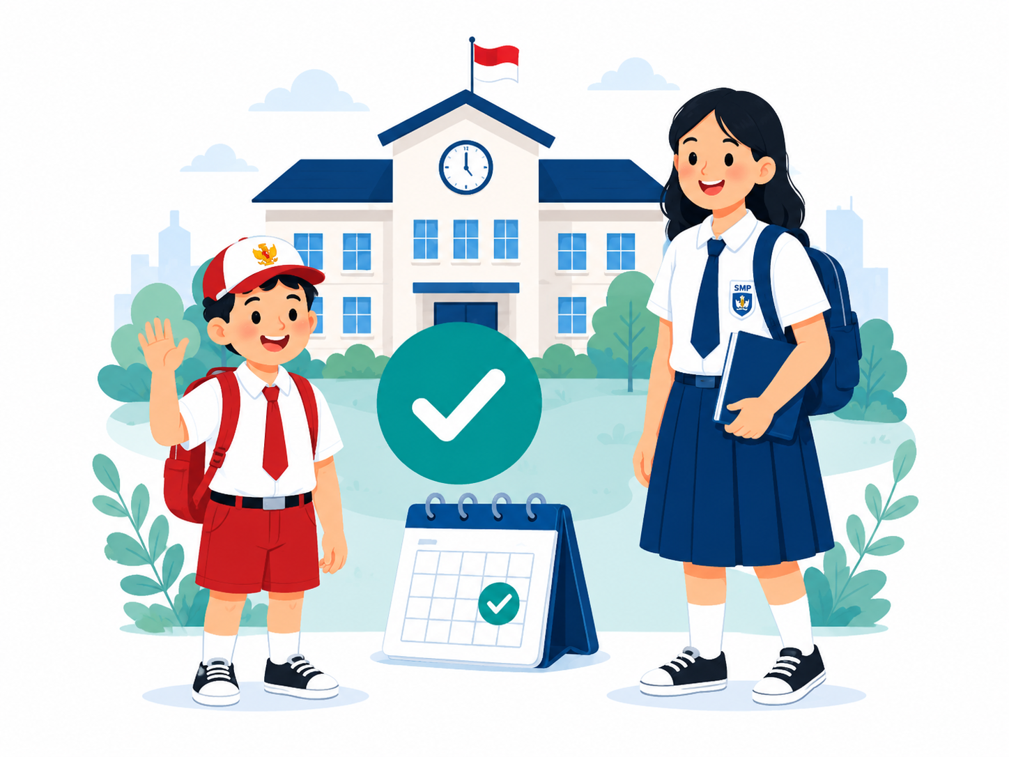 Ilustrasi siswa SD dan SMP di depan sekolah dengan tanda centang pendaftaran ditutup